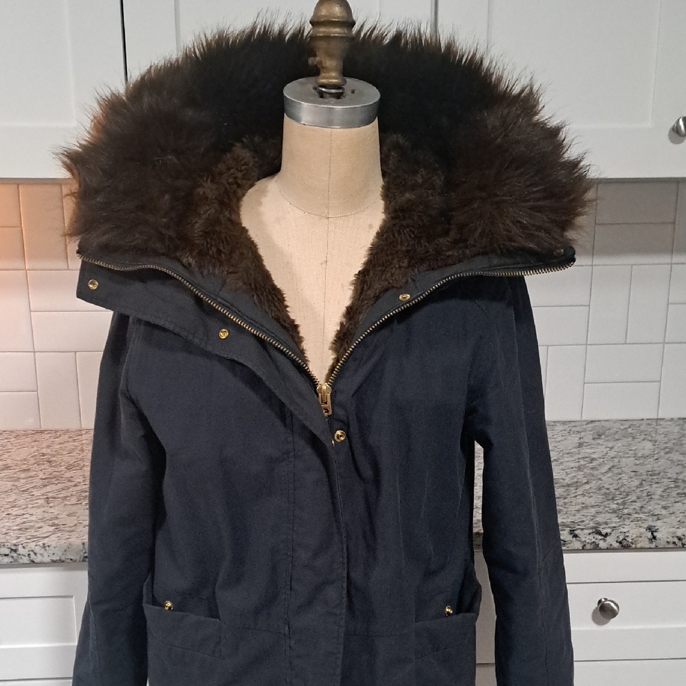 Topshop Canvas Black Hooded Jacket with Brown Fur Trim